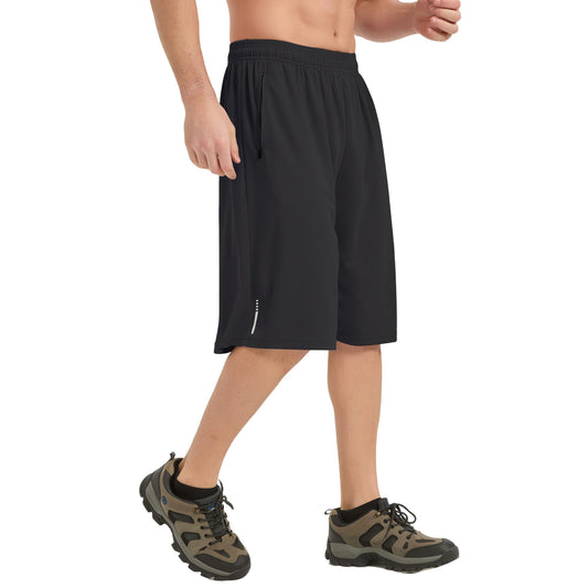 HQUEC Men's Athletic Shorts 12" Long Basketball Workout Shorts Below Knee Loose-Fit with Zipper Pockets Black XL
