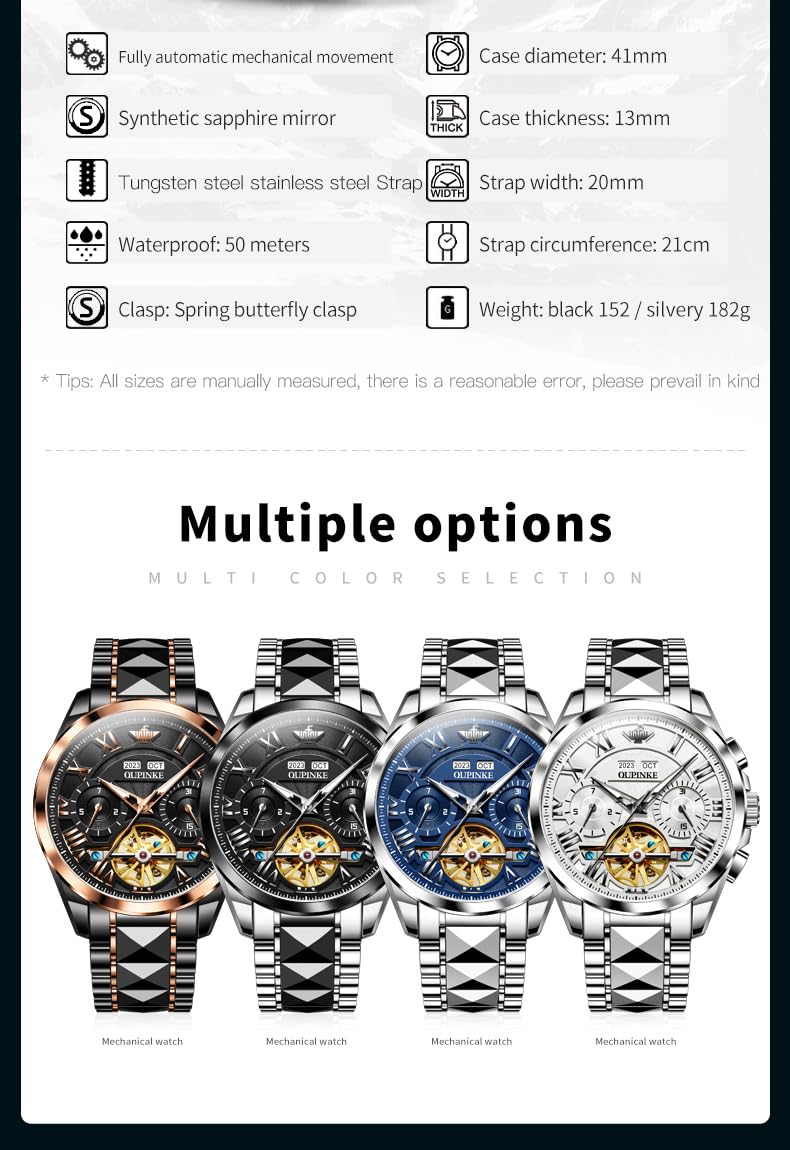 OUPINKE Watches for Men Automatic Skeleton Mechanical Luxury Cratch-Resistant Sapphire Mirror Tungsten Steel Strap Luminous Waterproof Calendar Wrist Watch Silver White