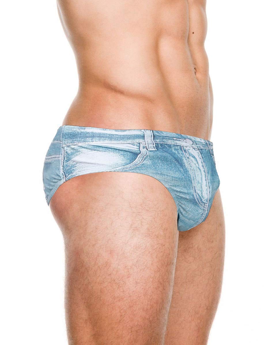 PJ PAUL JONES Men's Swimsuit Briefs Denim Print Swim Brief with Drawstring Waist Light Blue L