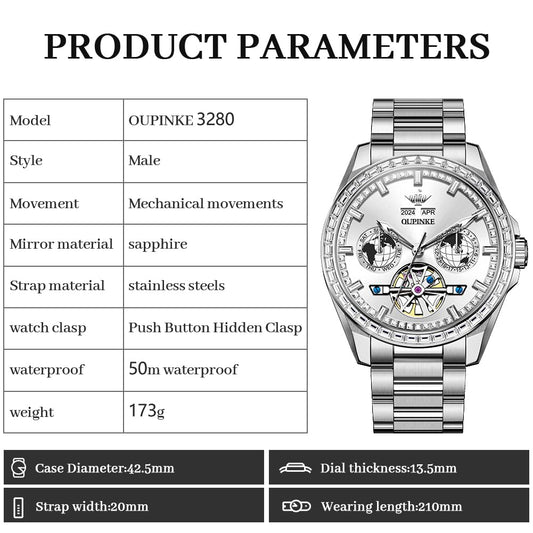 OUPINKE Automatic Men's Watch Diamond Skeleton Self Winding Mechanical Luxury Business Watch Sapphire Crystal Waterproof Luminous