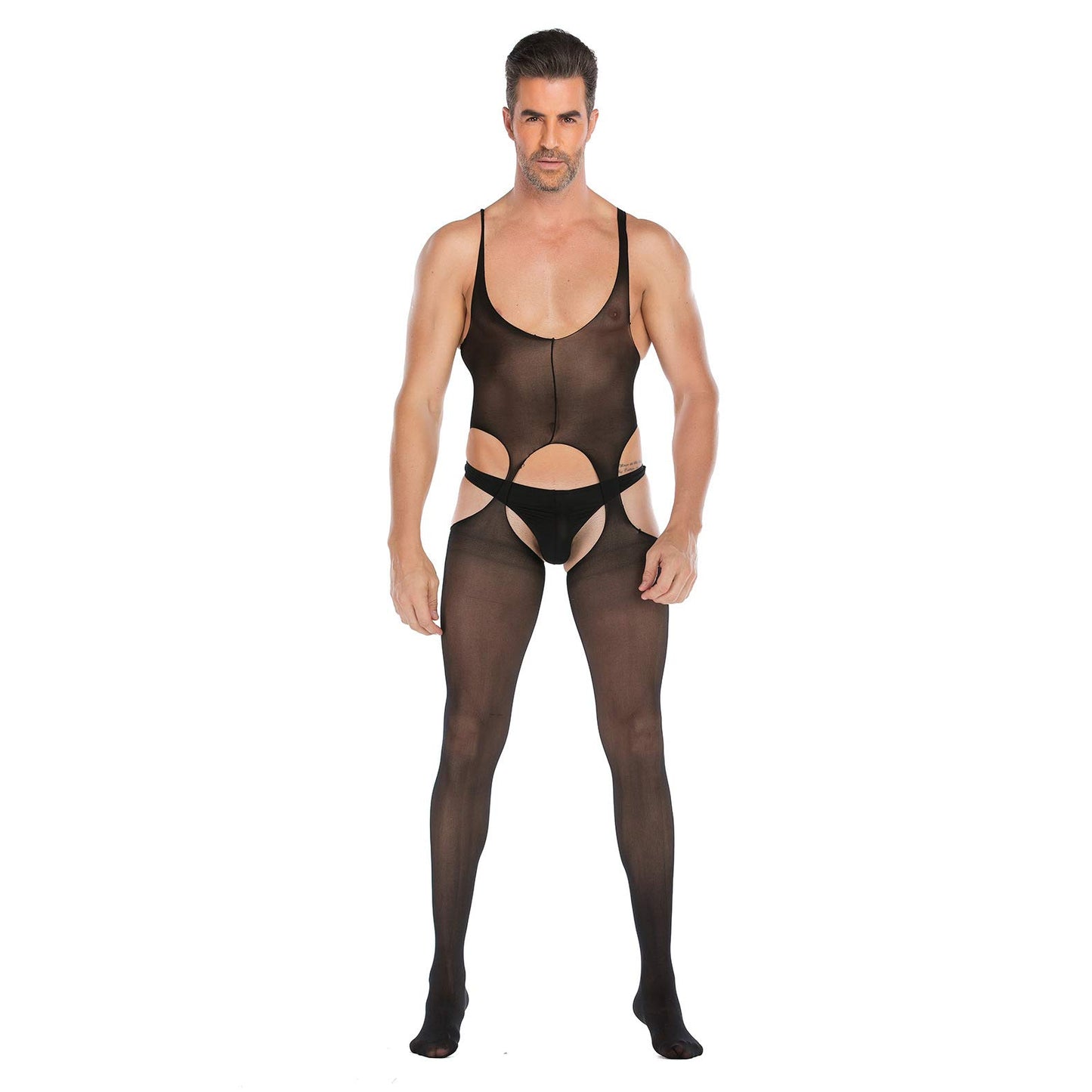 SINROYEE Men's Sheer Lace Lingerie Sissy clothes Sexy Tight Cut Out Elastic Nightgown One-piece Bodysuit (8)