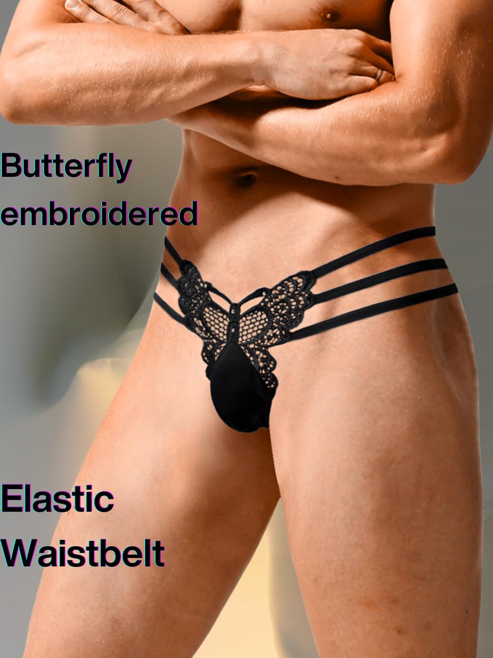 ChiaoLezhee Mens Sexy Butterfly Thong Lingerie, Sissy Floral Lace, fits 34-40 Girly String Panties, Low Rise Femboy Underwear, Black, One Size