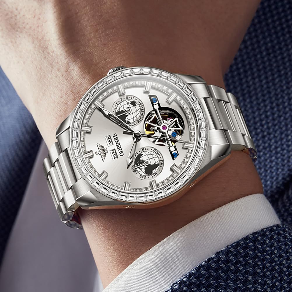OUPINKE Automatic Men's Watch Diamond Skeleton Self Winding Mechanical Luxury Business Watch Sapphire Crystal Waterproof Luminous