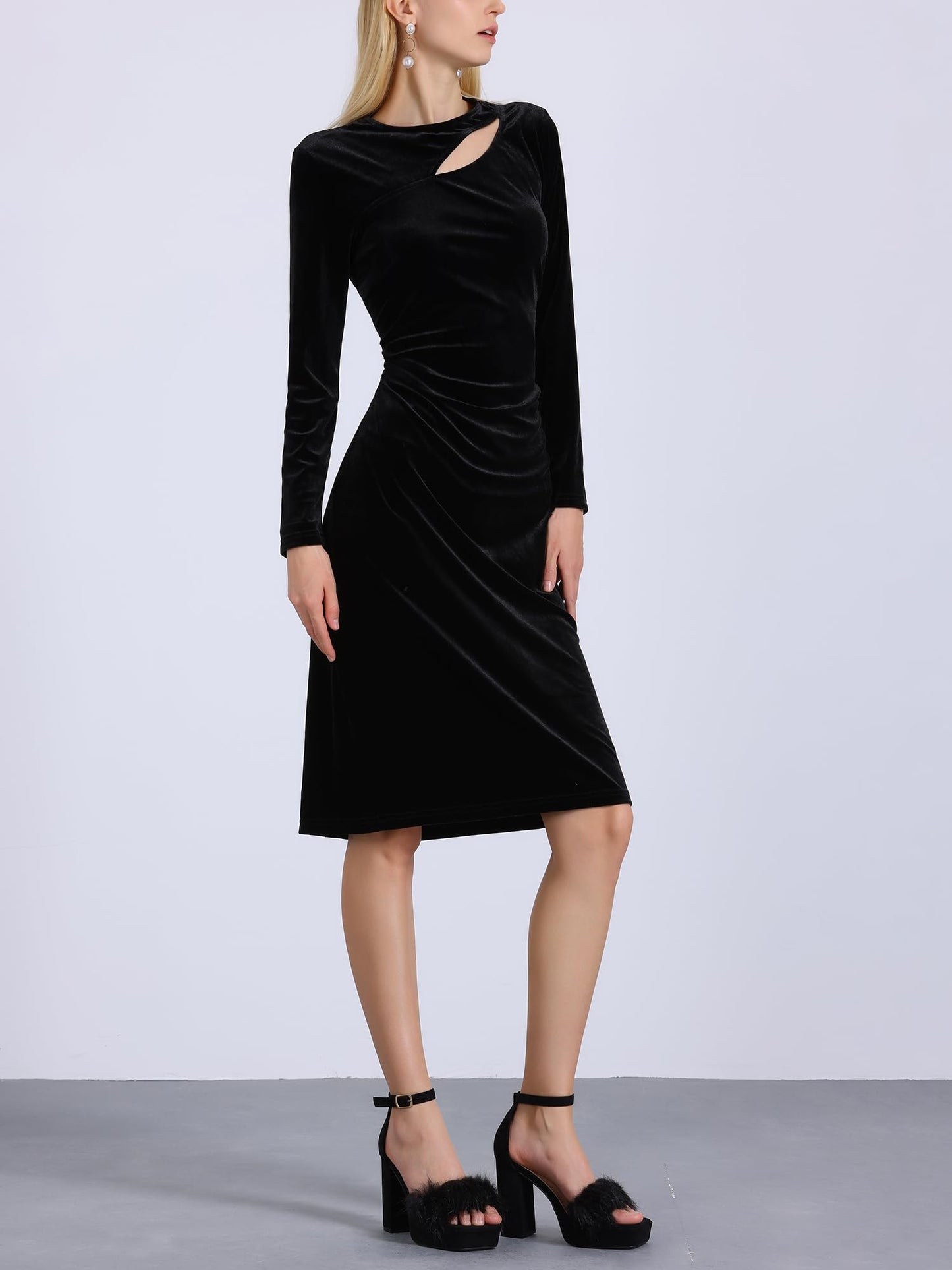 Allegra K Women's Square Toe Faux Fur Platform Chunky Heels Black Sandals 9 M US