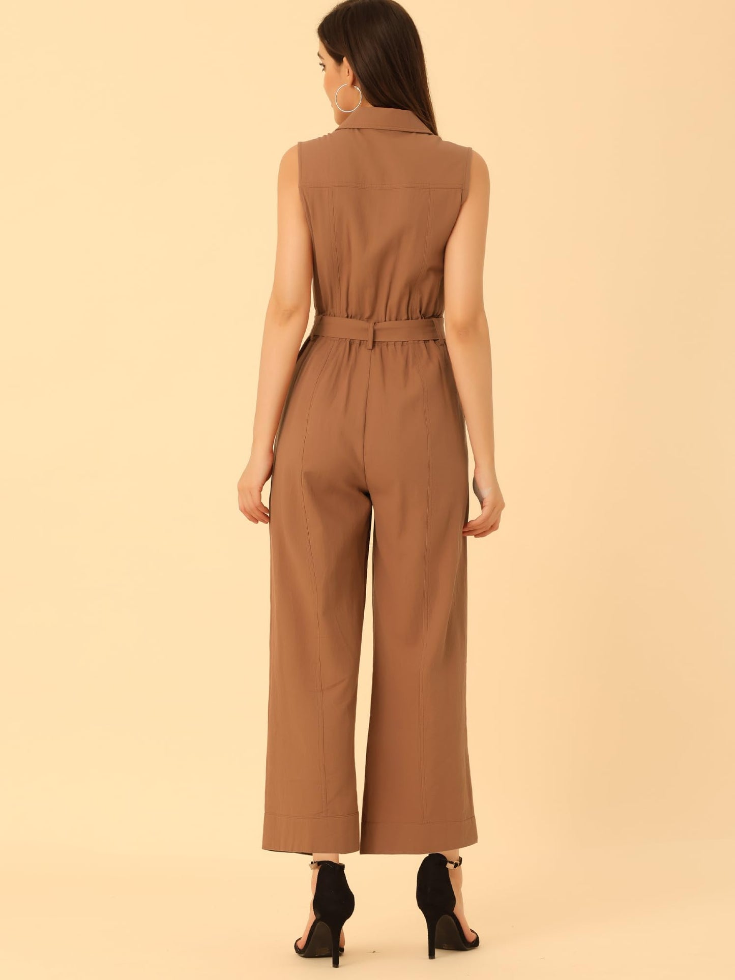 Allegra K Women's Wide Leg Jumpsuit 2024 Sleeveless Collared Tie Waist Coverall Button Down Cargo Jumpsuits Medium Brown