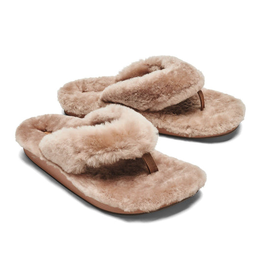 OLUKAI Kipe'a Heu Women's Sandal Slippers, Soft & Comfortable Shearling-Wrapped Straps, Durable RUbber Outsoles for All-Day Wear, Causal & Cute Everyday Style, Tan/Tan, 10