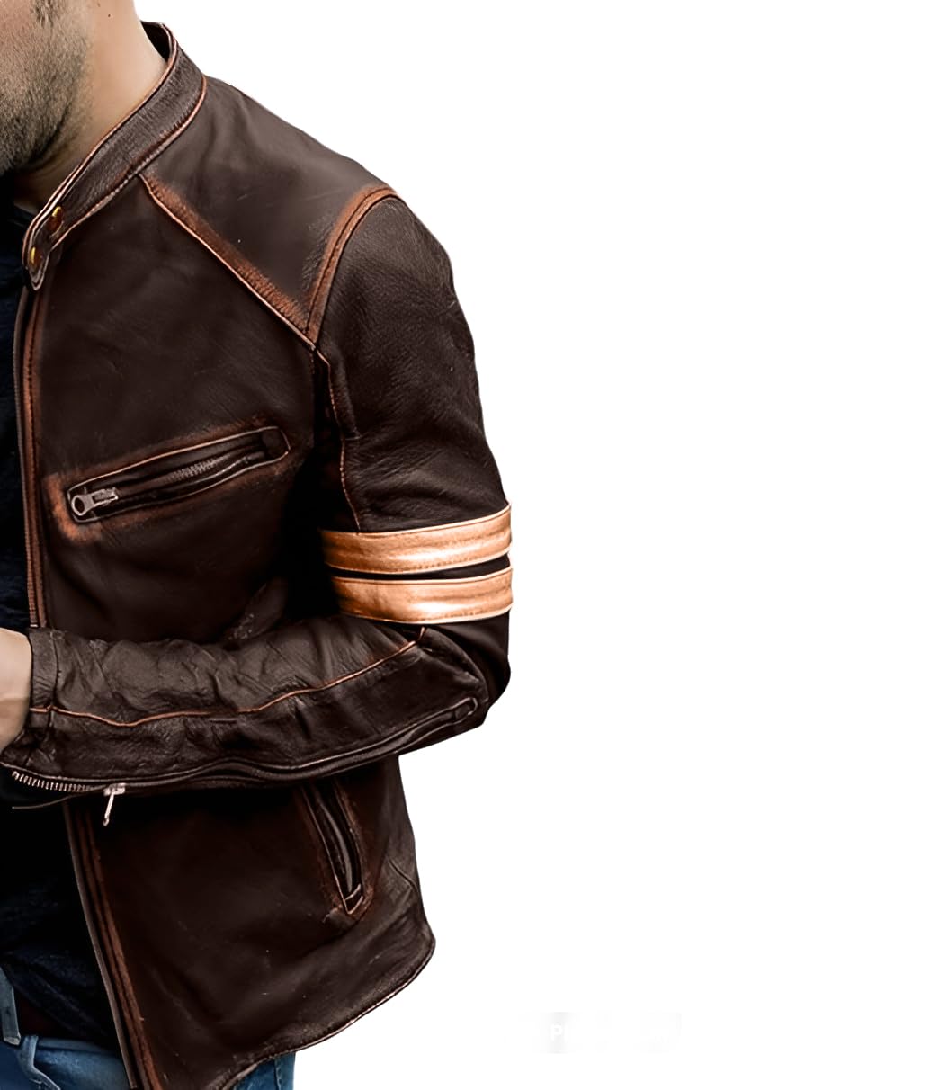 Jild Distressed Café Racer Brown Leather Jacket Men - Genuine Lambskin Leather Biker Style Mens Vintage Motorcycle Jacket (YP-Brn-L)