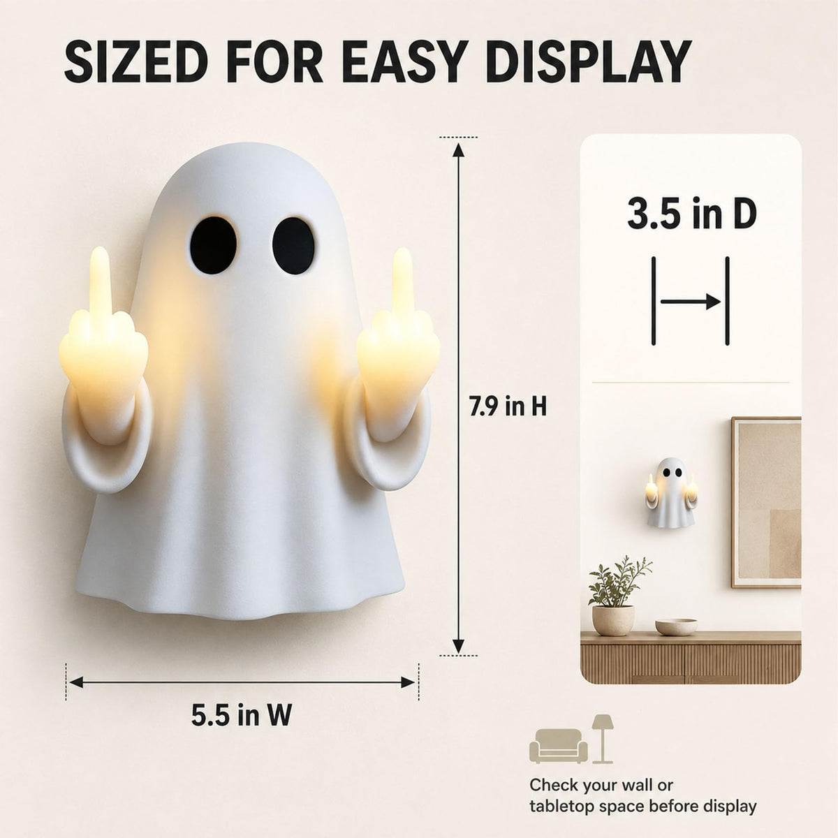 Lanenow Middle Finger Ghost Light, Warm LED Halloween Wall Decor