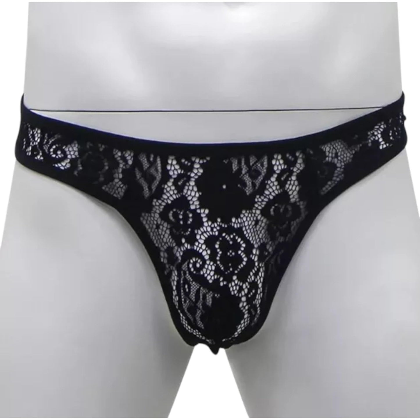 Men's Sissy Lace Thong Panties, Femboy Panty See-Through Floral Underwear Lingerie for Cross-dressers (US, Alpha, Large, X-Large, Regular, Regular, Black)