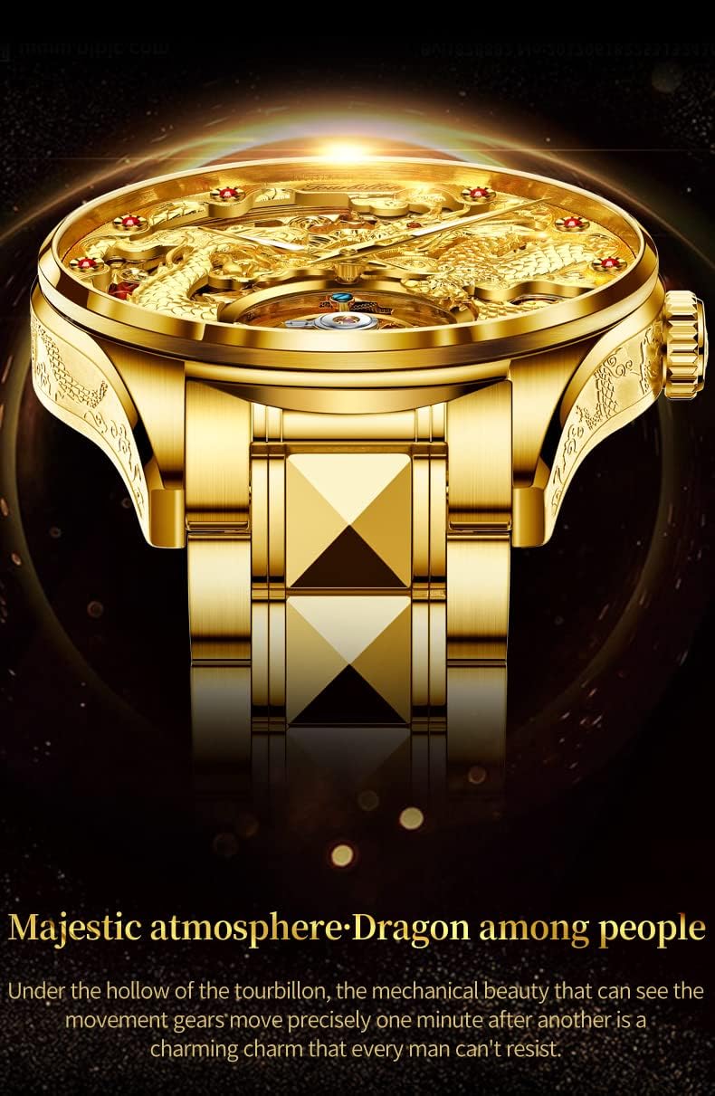 OUPINKE Gold Dragon Watches for Men Tourbillon Skeleton Mechanical Luxury Dress Automatic Self Winding Tungsten Steel Waterproof Sapphire Crystal Luminous Men’s Wrist Watch