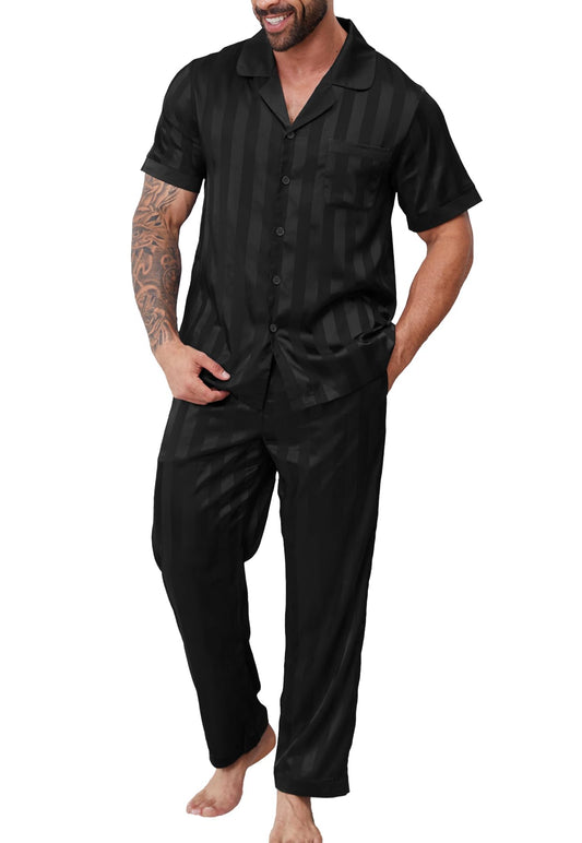 DEARCASE Mens Pajamas Set Satin Silk for Men Sexy Loungewear Black XX-Large Classic Sleepwear Long Pants Button Down Pajama 2 Piece Lingerie