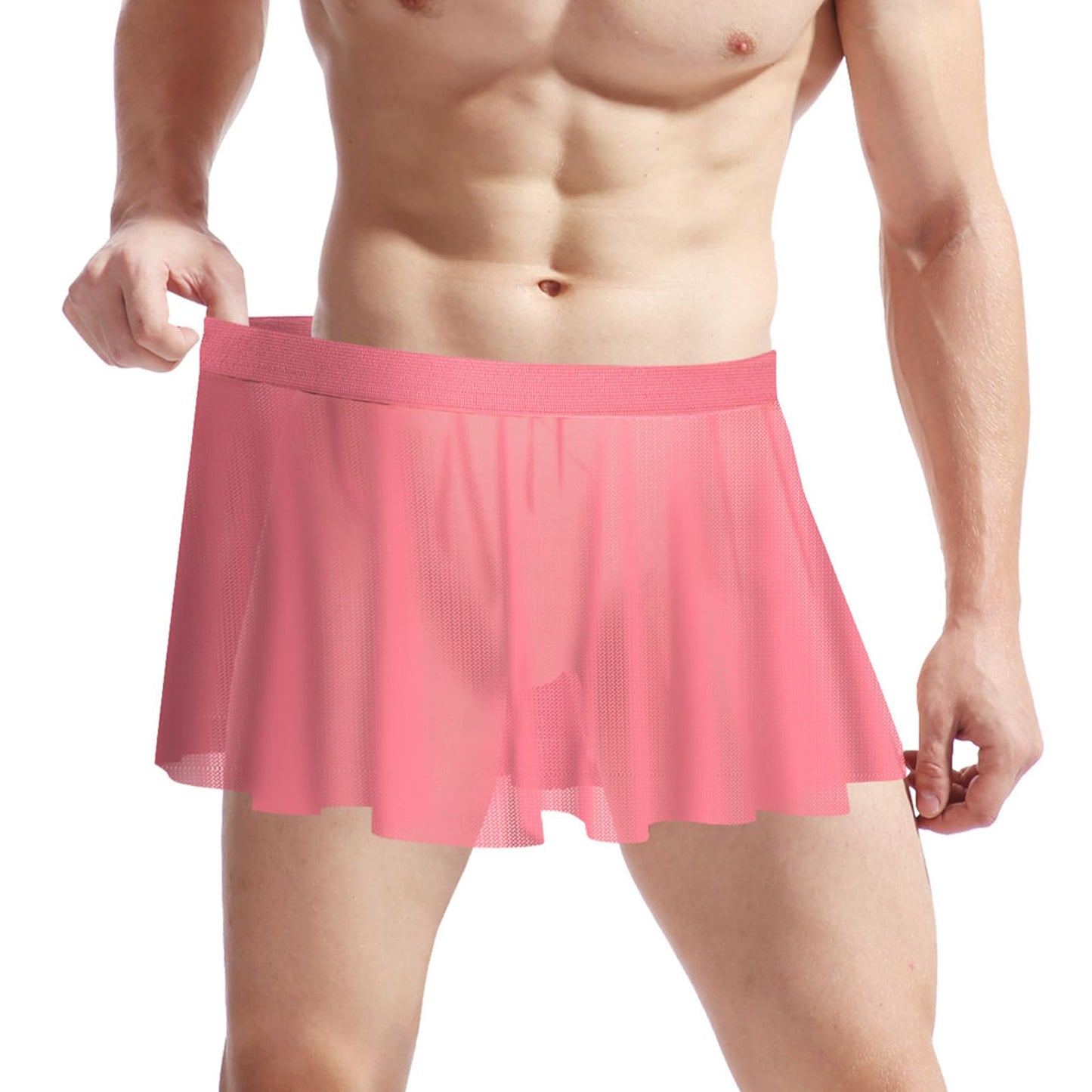 Mens Mesh Sissy Skirt Crossdressers Sexy See Through Skirts Underwear Nightclub Party Cosplay Costume (Pink)