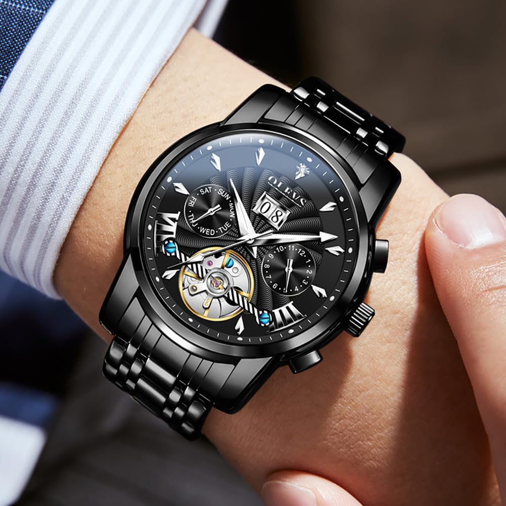 OLEVS Men Automatic Watch Luxury Skeleton Mechanical Black Wrist Watch Date Calendar Stainless Steel Waterproof Luminous Classic Business Watches