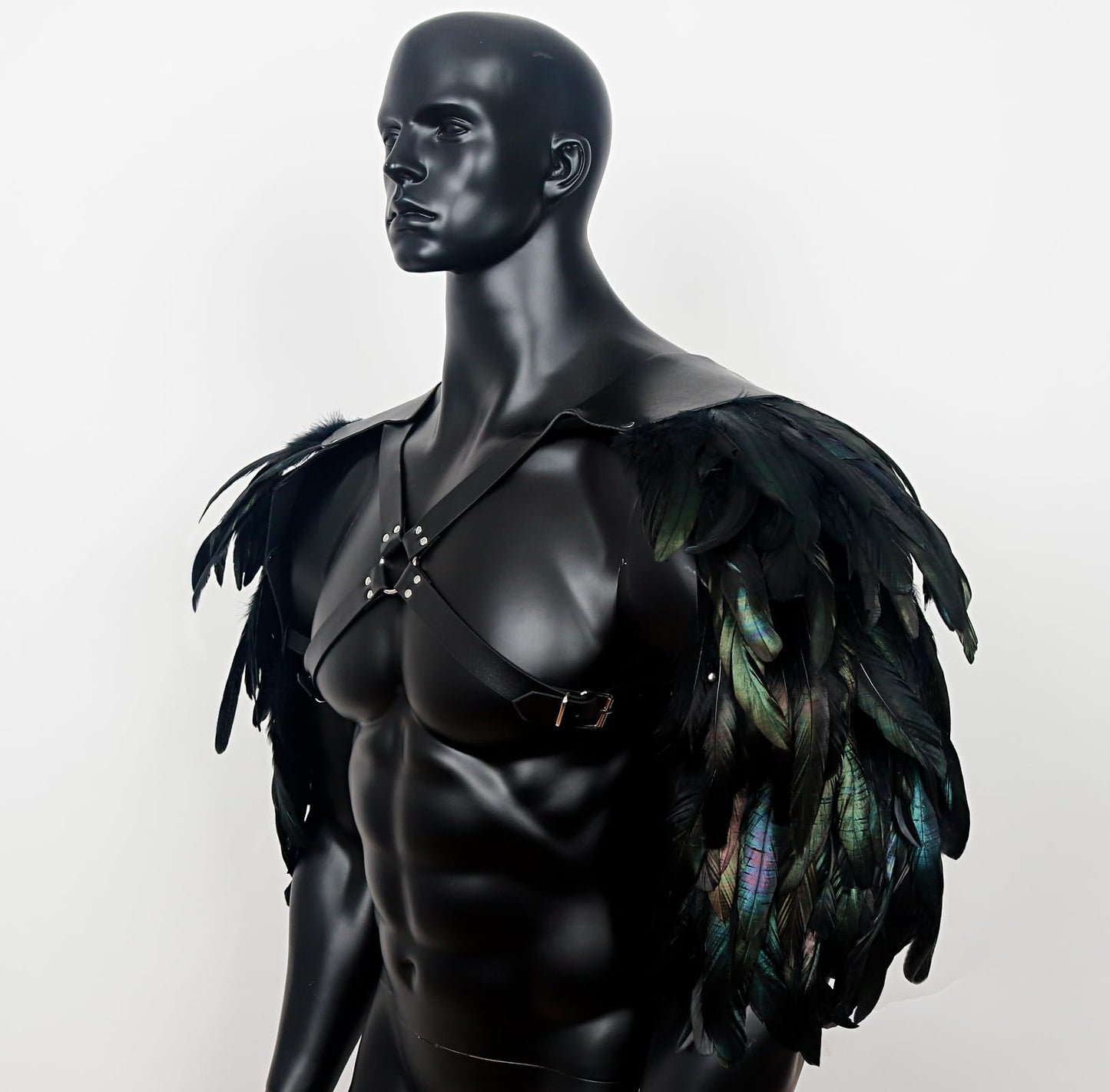 Gothic Men's Feather Shoulder Piece Punk Leather Harness, Black