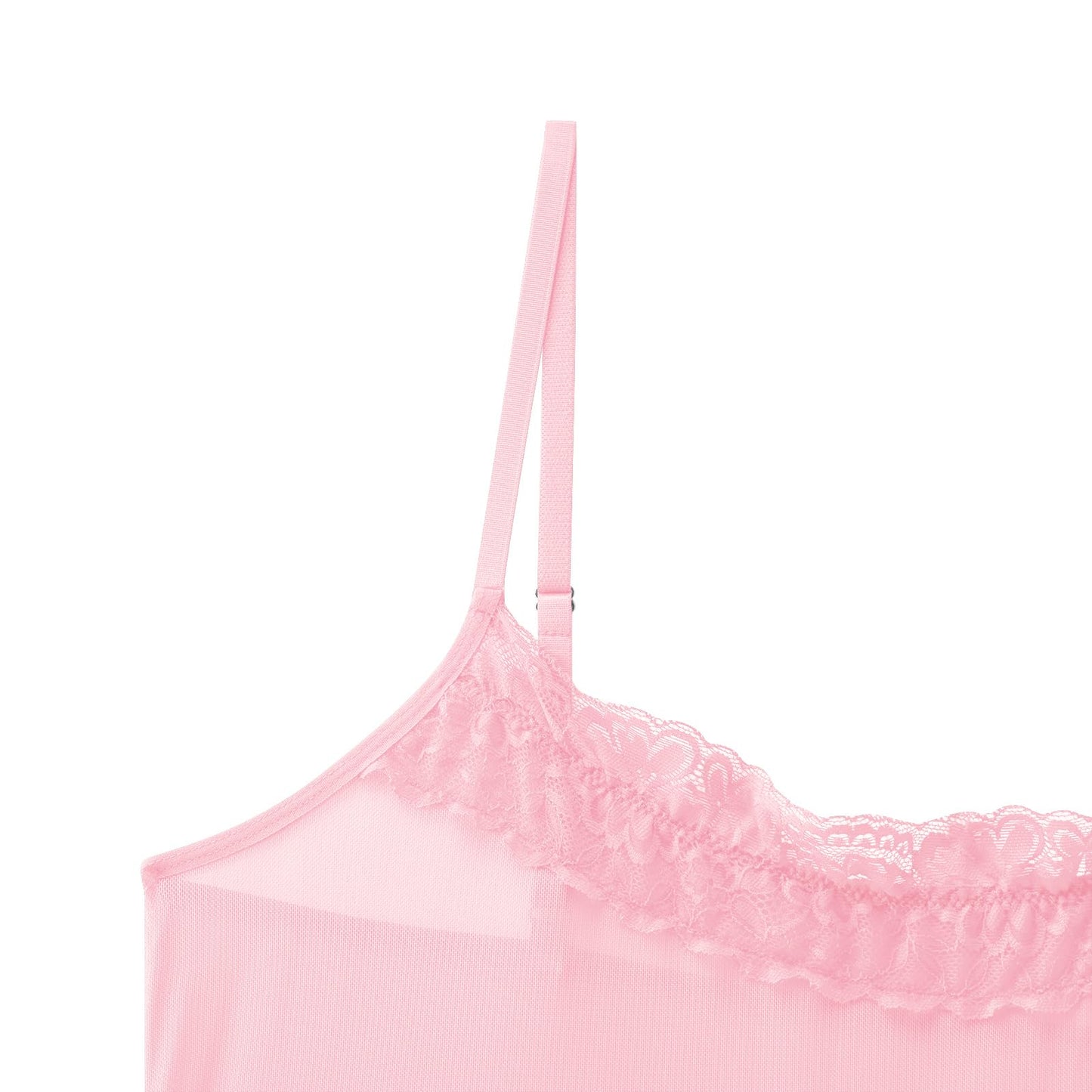 Men's Sissy Lingerie Bodysuit Sheer Lace Mesh Spaghetti Strap Cami Leotard Crossdress Underwear Pink Medium