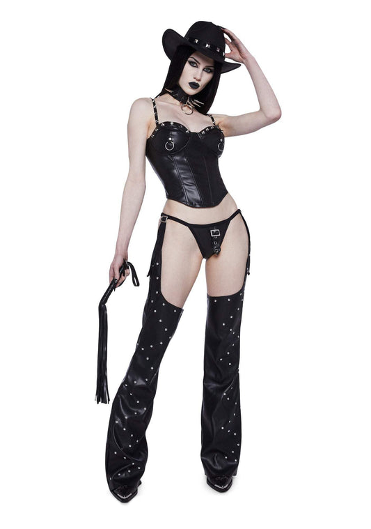 Dolls Kill Demanding Cowgirl Costume Set by Trickz N’ Treatz – Women’s Black Bustier Outfit with Chaps, Hat & Accessories – Black, XX-Large