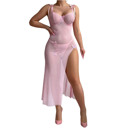 Women Sexy Mesh Sheer Midi Dress Butterfly Split Bodycon Party Clubwear with See Though Thong