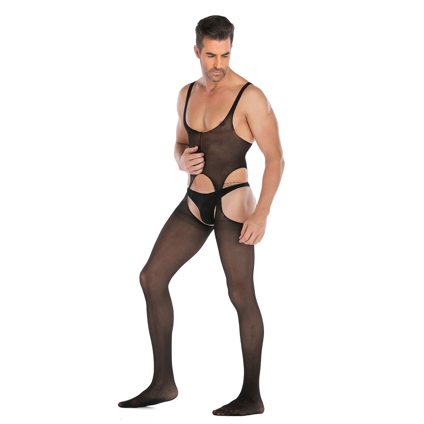 SINROYEE Men's Sheer Lace Lingerie Sissy clothes Sexy Tight Cut Out Elastic Nightgown One-piece Bodysuit (8)