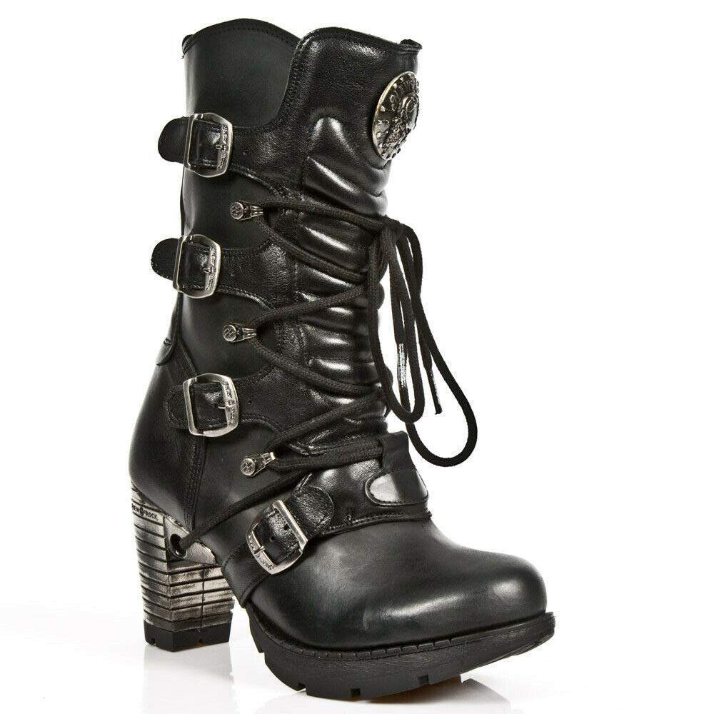 New Rock Boots TR003-S1 Ladies Metallic Black Leather Biker Heel Goth Punk Shoes Ankle Fashion Boots 38