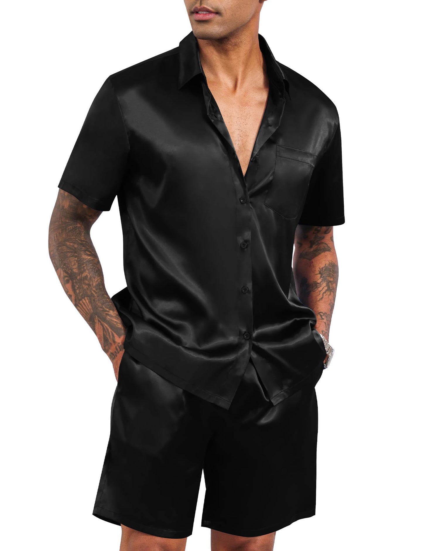 LecGee Men's 2 Piece Silk Satin Outfits Short Sleeve Button Tracksuit Shorts Shiny Satin Dress Shirts Set(Black,S)