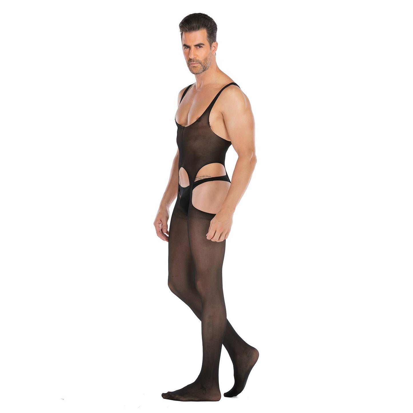 SINROYEE Men's Sheer Lace Lingerie Sissy clothes Sexy Tight Cut Out Elastic Nightgown One-piece Bodysuit (8)
