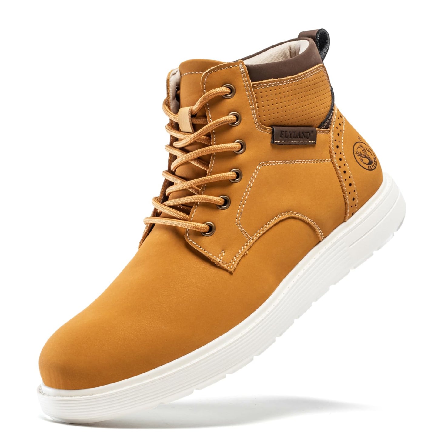 FLYLAND Men's Fashion Sneaker Chukka Boots Lace Up Leather Ankle Dress Boot Lightweight Non-Slip Walking Shoes Golden 9.5
