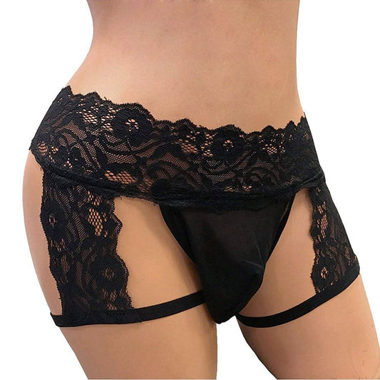 Slybar Mens Lace Panties Sexy Underwear Boxer Briefs Pouch Underwear Lingerie for Men Bikini Briefs Sissy Pouch Crossdress Panties (Medium) Black