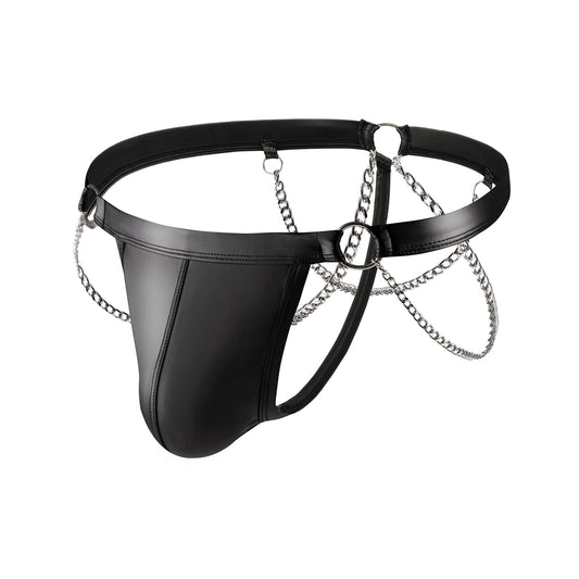 Evankin Men Sexy Leather Thong with Metal Chains Hollow Out T-Back Underwear Low Rise Bikini(Black,S)