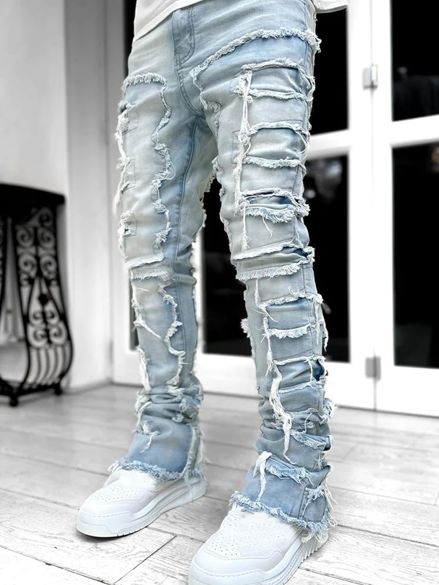 Stacked Jeans Men Skinny Ripped Jeans Slim Fit Denim Pants Y2K Goth Harajuku Emo Jeans Trouser (US, Alpha, Small, Regular, Regular, B01-01)