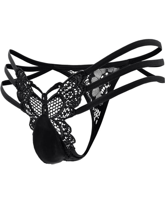ChiaoLezhee Mens Sexy Butterfly Thong Lingerie, Sissy Floral Lace, fits 34-40 Girly String Panties, Low Rise Femboy Underwear, Black, One Size