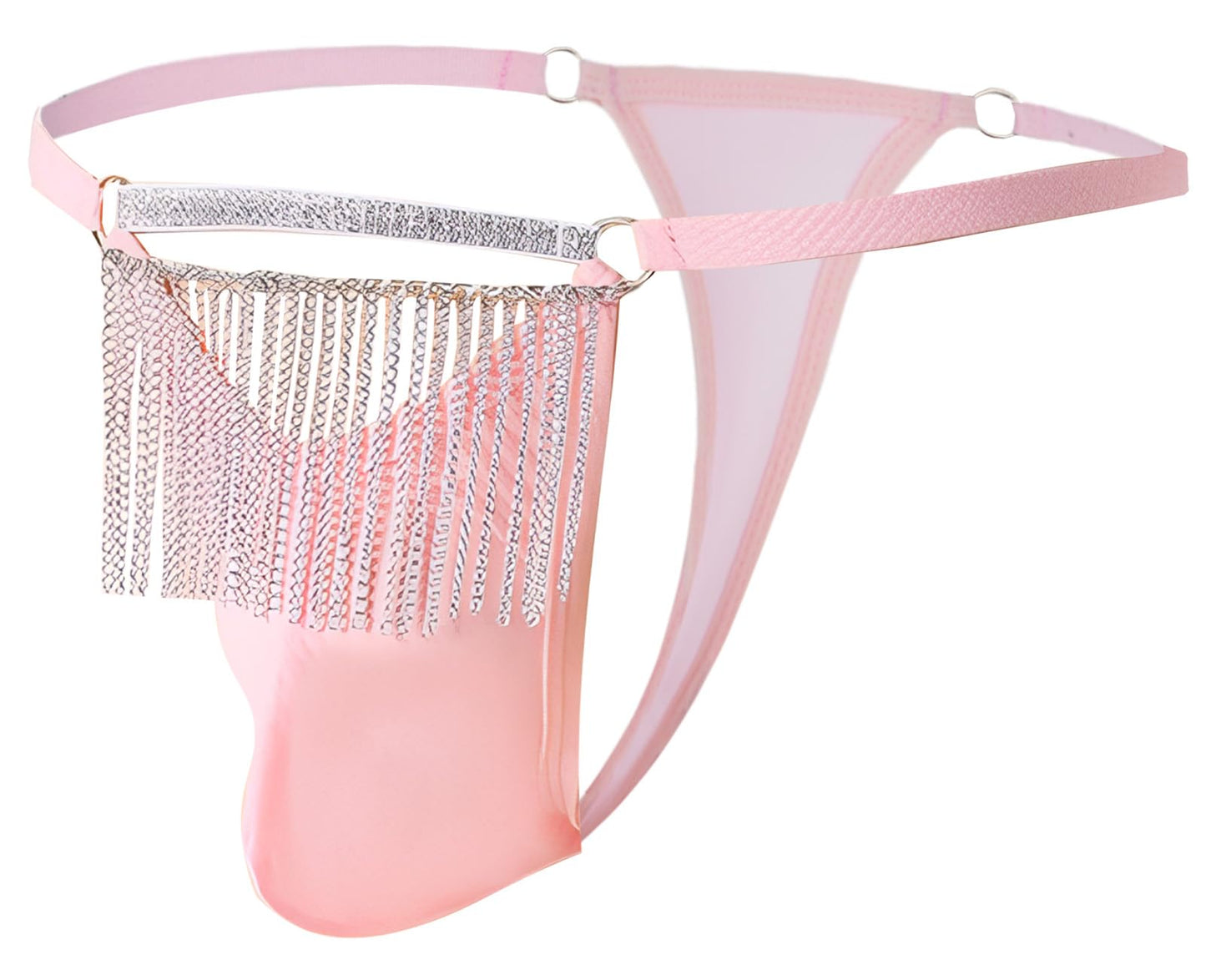 FEOYA Men's G String T Back Thong Underwear Sexy Low Rise Bikini Briefs Bulge Pouch Panties Soft Stretchy Mesh Hollow Out Lingerie Underpants with Tassel Pink X-Large