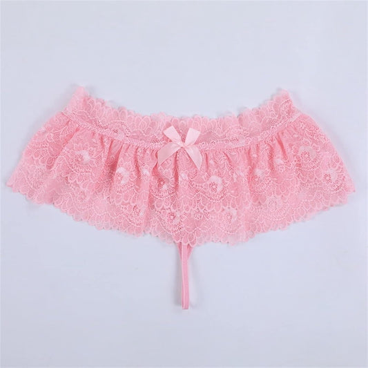 Sissy Lace Panties Men's Ruffled Panties Thongs Mini Skirt Thongs Gay Lingerie (Color : White, Size : 1pc)
