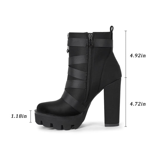Wetkiss Chunky Heel Platform Boots for Women - Black Combat Booties with Lace Up High Heel