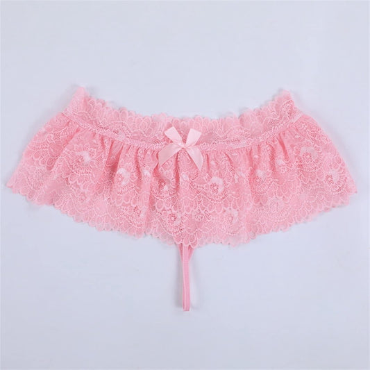 Sissy Lace Panties Men's Ruffled Panties Thongs Mini Skirt Thongs Gay Lingerie (Color : Pink, Size : 1pc) One Size