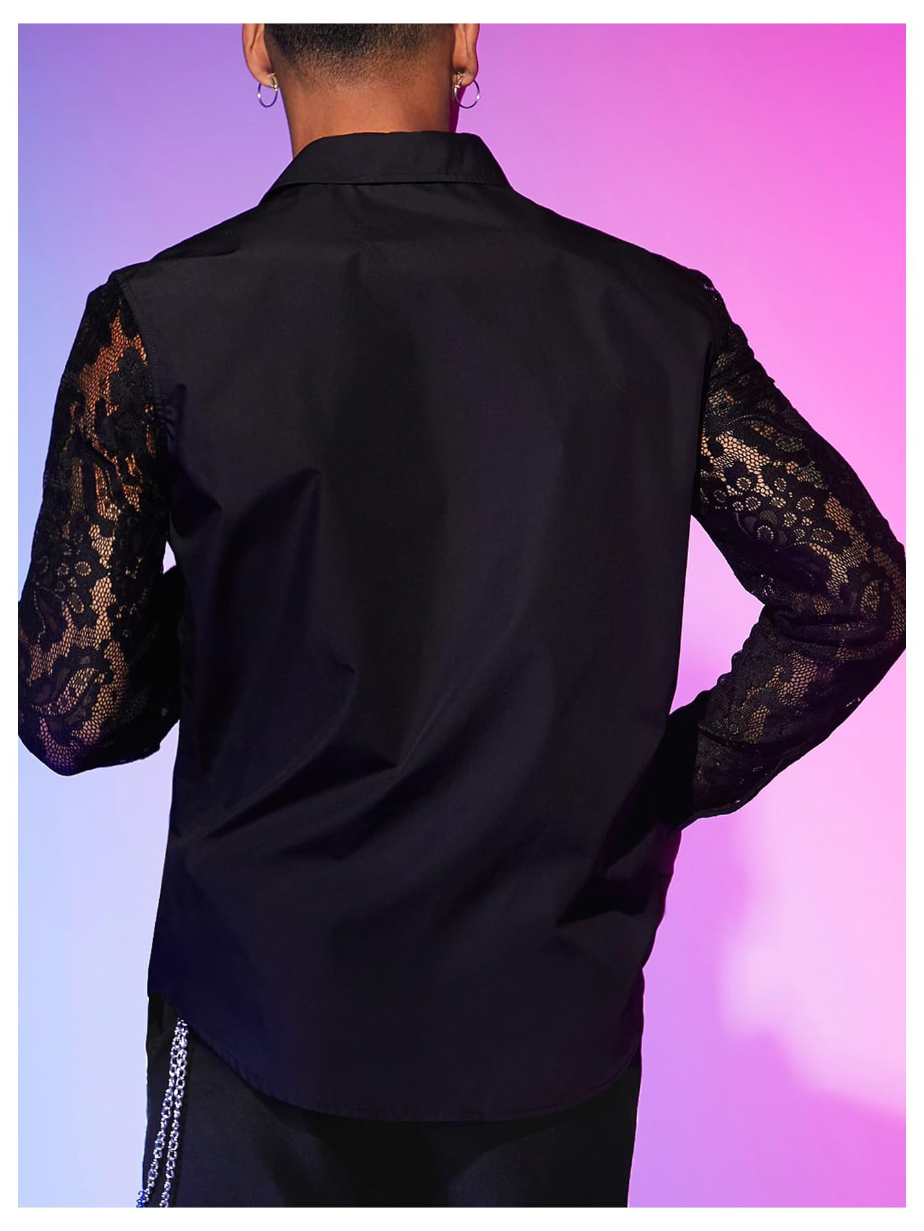WDIRARA Men's Floral Lace Button Down Shirt See Through Long Sleeve Collared Top Sexy Clubwear Black Large