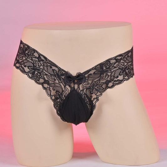 Femboy Men's Sissy Panties Sexy Tight Floral Lace Thong See Through Lingerie For Cross-dressers (Black-L)