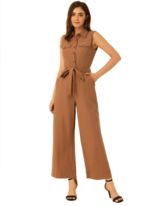 Allegra K Women's Wide Leg Jumpsuit 2024 Sleeveless Collared Tie Waist Coverall Button Down Cargo Jumpsuits Medium Brown
