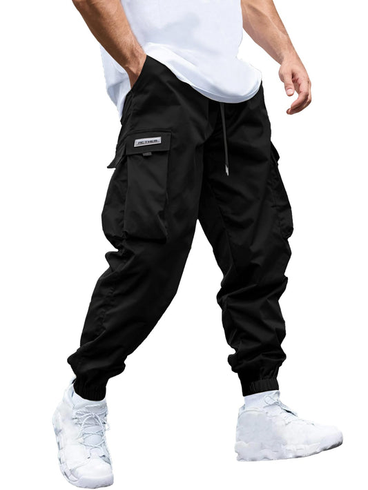 JEMLDL Joggers for Men Elastic Waist Drawstring with Flap Pockets Mens Cargo Pants Baggy Sweatpants for Men Black,38,XL