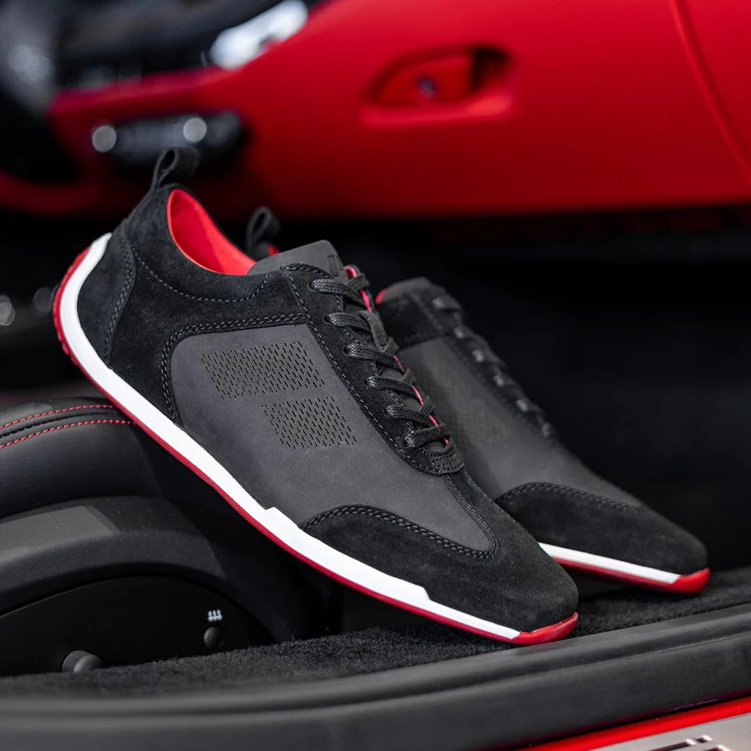 Piloti Icona Driving Shoes for Men, Italian Suede Performance Everyday Driving Sneakers for Men,Black/Red,10