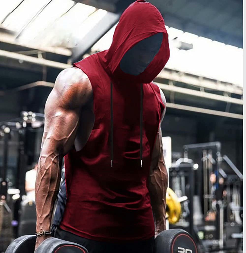 Babioboa Men's Athletic Sleeveless Hoodie Workout Hooded Tank Top Bodybuilding Muscle Cut Off T-Shirt(Wine Red Large)