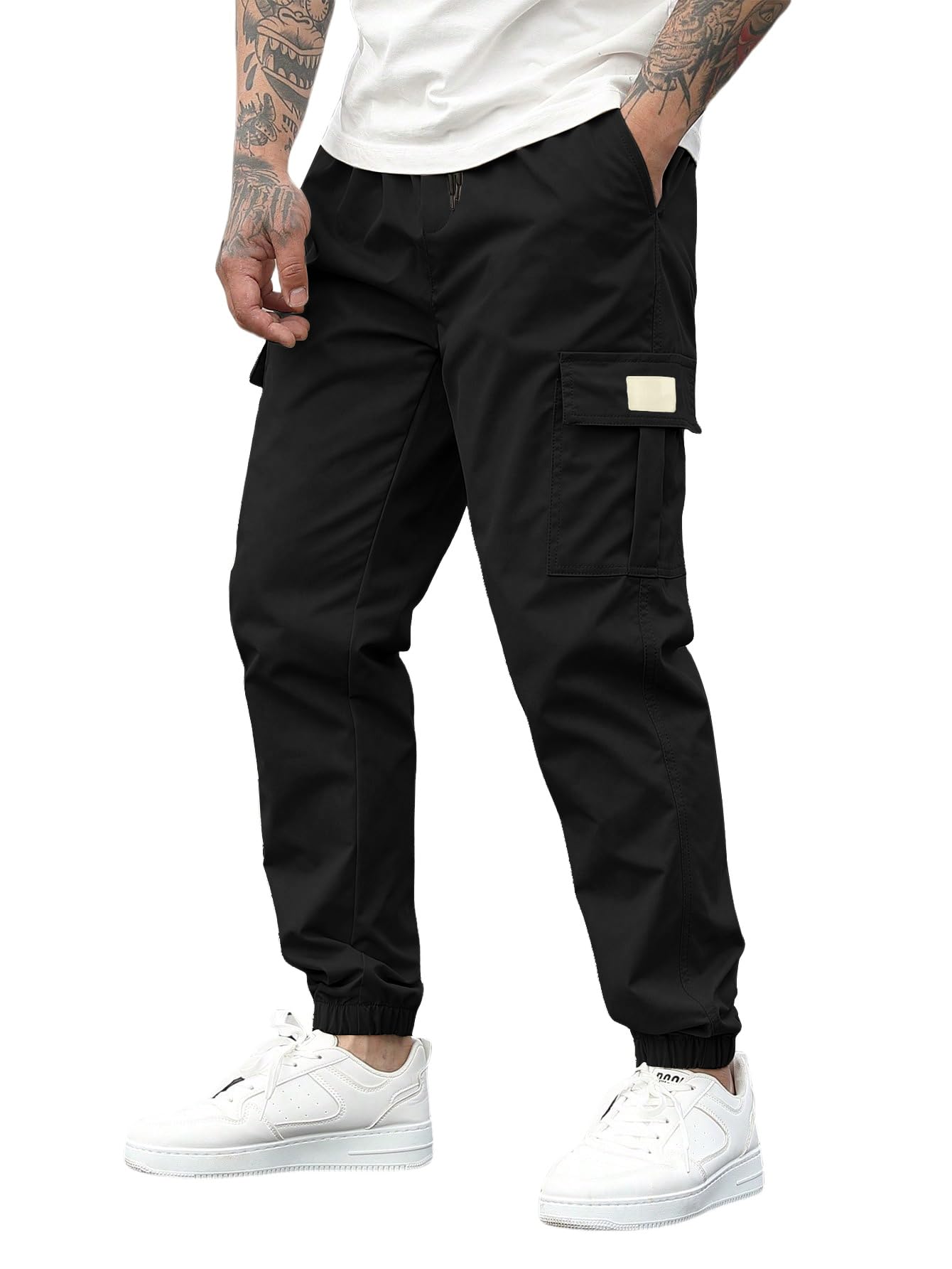 ZAFUL Mens Casual Cargo Pants Drawstring Hiking Outdoor Streetwear Track Joggers Sweatpants with Pockets (1-Black, L)