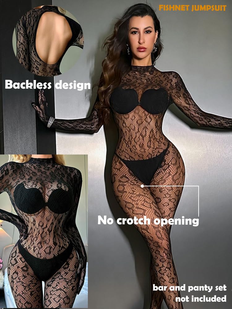 Koinus One Piece Black Fishnet Bodysuit Lingerie Bodystocking for Women full Body See Through Jumpsuit One Size