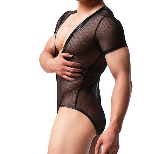 YUFEIDA Mens Suspenders Wrestling Singlet Leotard Thong Bodysuit Jumpsuit Briefs Swimwear (M, Mesh Black)