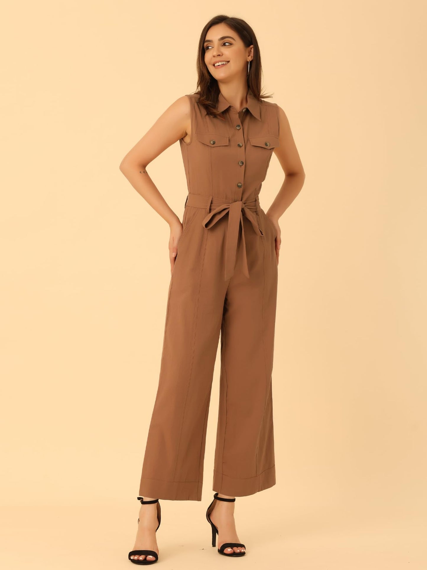 Allegra K Women's Wide Leg Jumpsuit 2024 Sleeveless Collared Tie Waist Coverall Button Down Cargo Jumpsuits Medium Brown