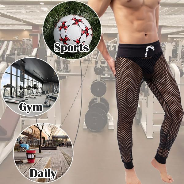 WINTOFW Men's Mesh Fishnet Pants See Through Drawstring Long Loung Pajamas Muscle Leggings Underpants Underwear