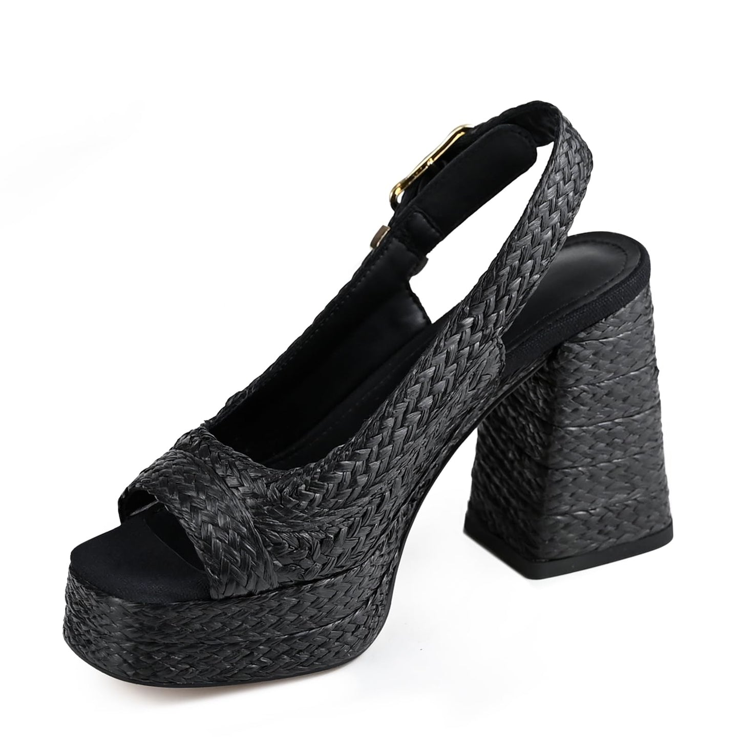 Women's Retro Woven Platform Heels Black Chunky Block Heel Open Toe Slingback Summer Vacation Raffia Beach Boho Vintage Wedge Sandals