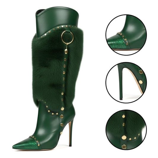 Green Premium Over-The-Knee High Heel Boots for Women - Pointed Toe, Stiletto Heel, Faux Fur, PU Leather, Perfect for Parties and Performances 8.5