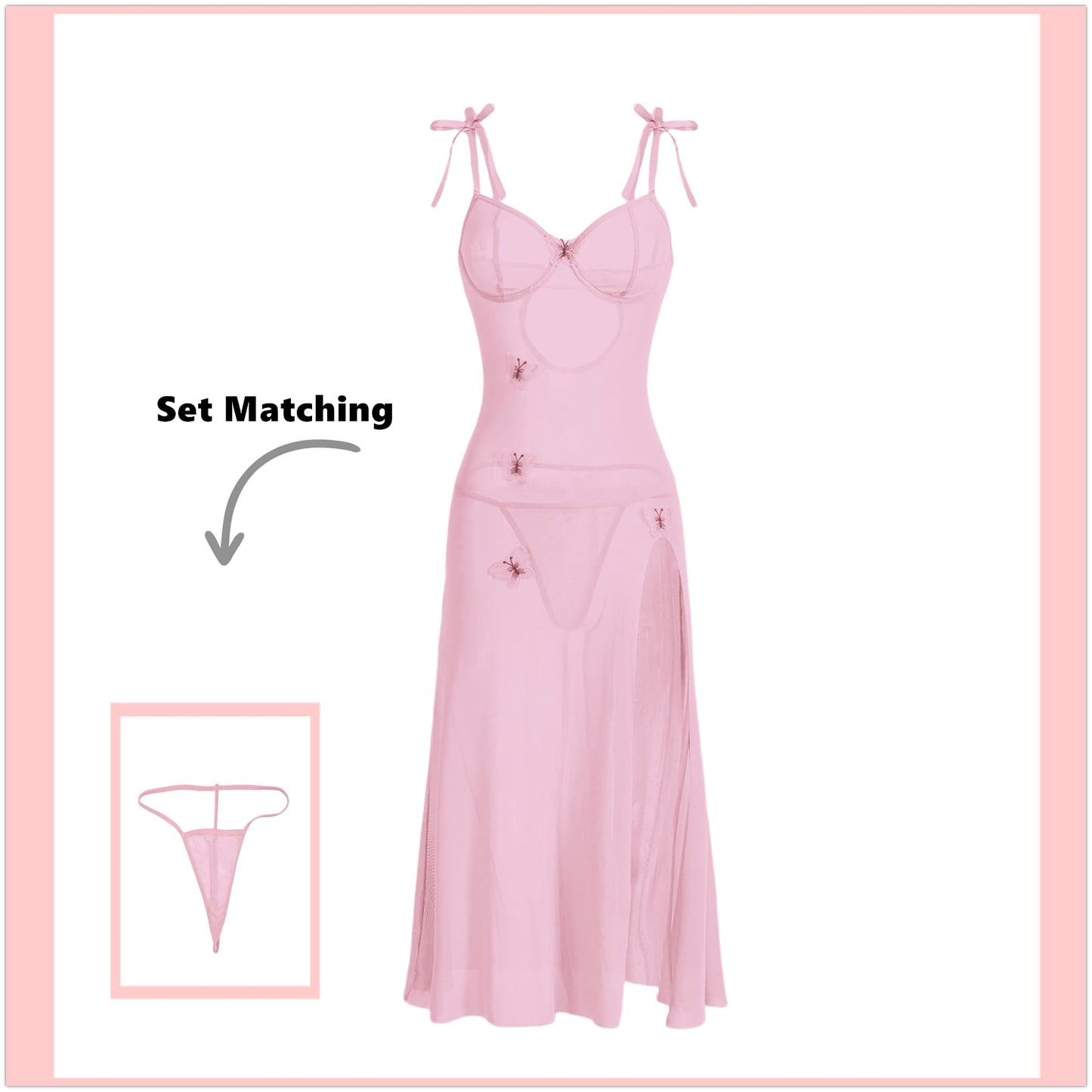 Women Sexy Mesh Sheer Midi Dress Butterfly Split Bodycon Party Clubwear with See Though Thong
