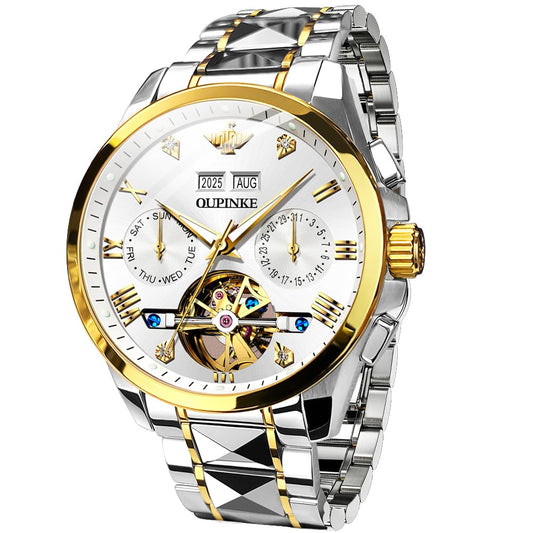 OUPINKE Mens Watches Luxury Automatic Mechanical Tungsten Steel Waterproof Tourbillon White