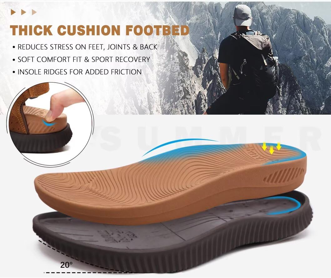KuaiLu Mens Leather Hiking Sandals With Arch Support Orthopedic Sport Recovery Athletic Walking Sandals For Man Outdoor Summer Casual Thick Cushion Beach Water Fisherman Sandal, size 9 Khaki Brown